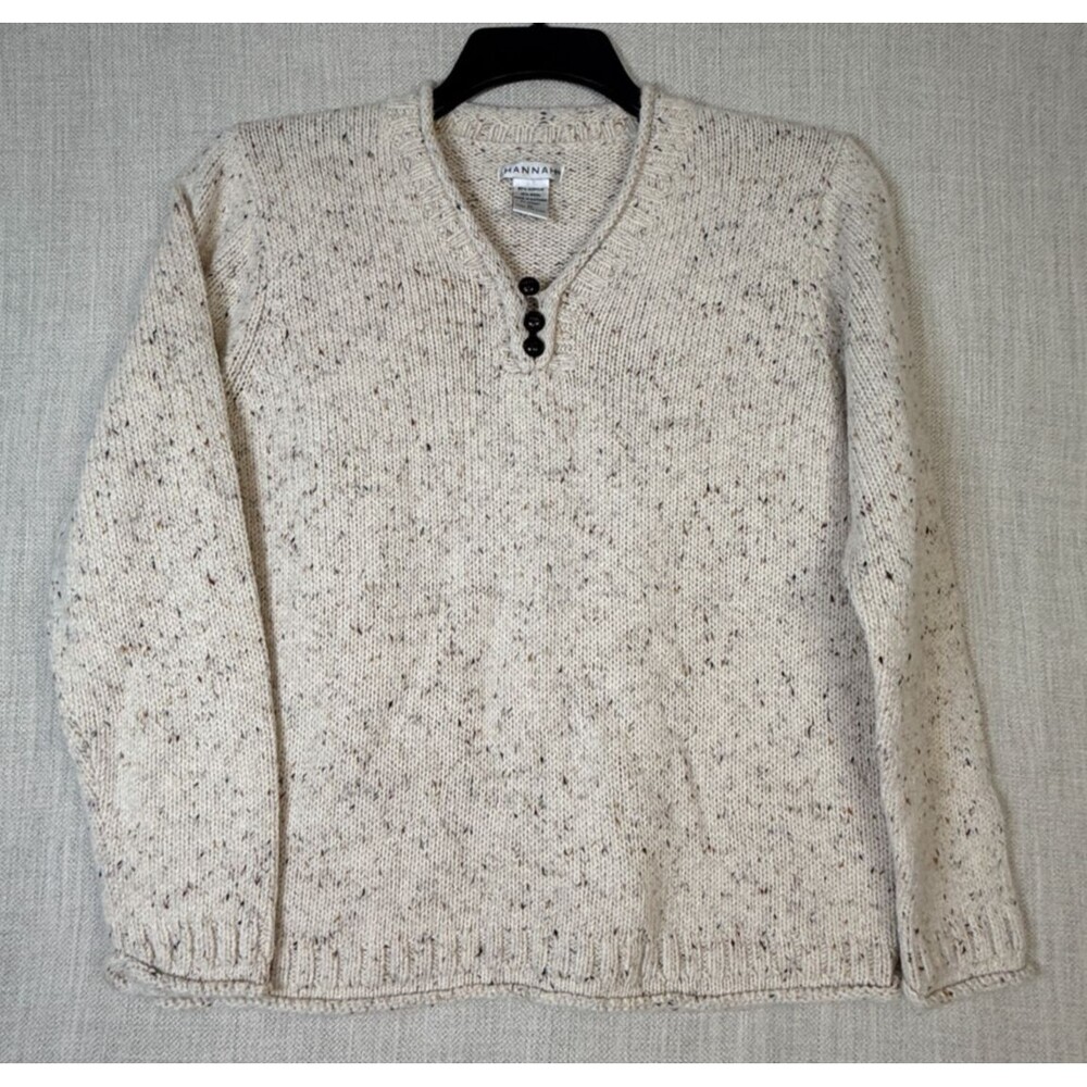 Hannah V-Neck Knit Wool Sweater Pullover with 3 Buttons Womens M Cream Rag
